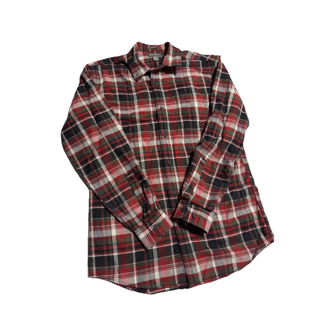Eddie Bauer Mens Small ButtonUp Red White Green Plaid Classic Fit Casual Flannel